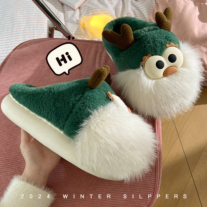 Chaussons renne de Noel fourrés en peluche verte adorable