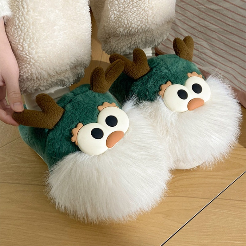 Chaussons renne de Noel fourrés en peluche verte adorable