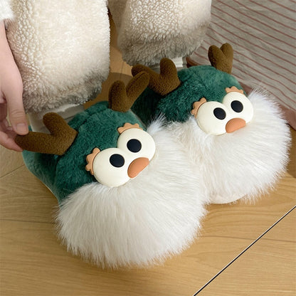 Chaussons renne de Noel fourrés en peluche verte adorable