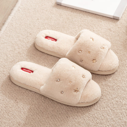 Chaussons mules fourrés blancs broderie étoilée élégante