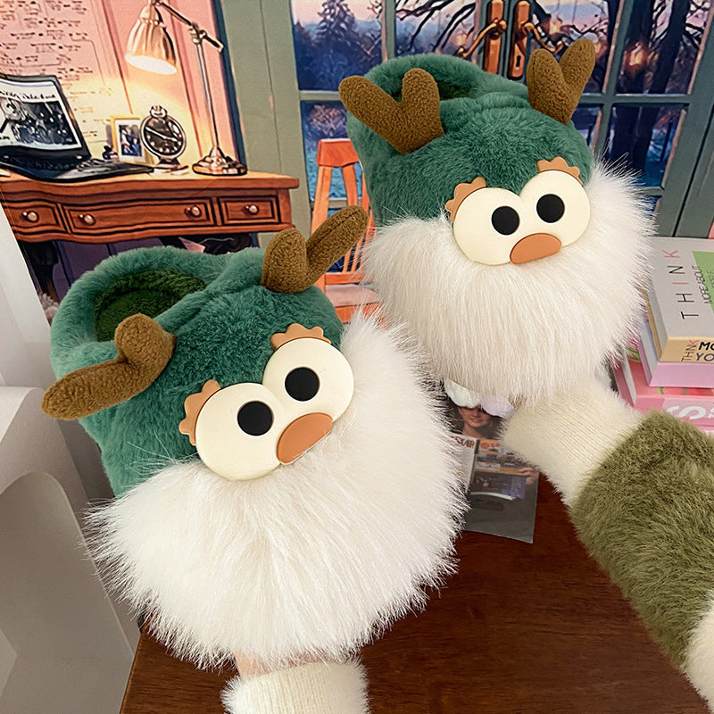 Chaussons renne de Noel fourrés en peluche verte adorable