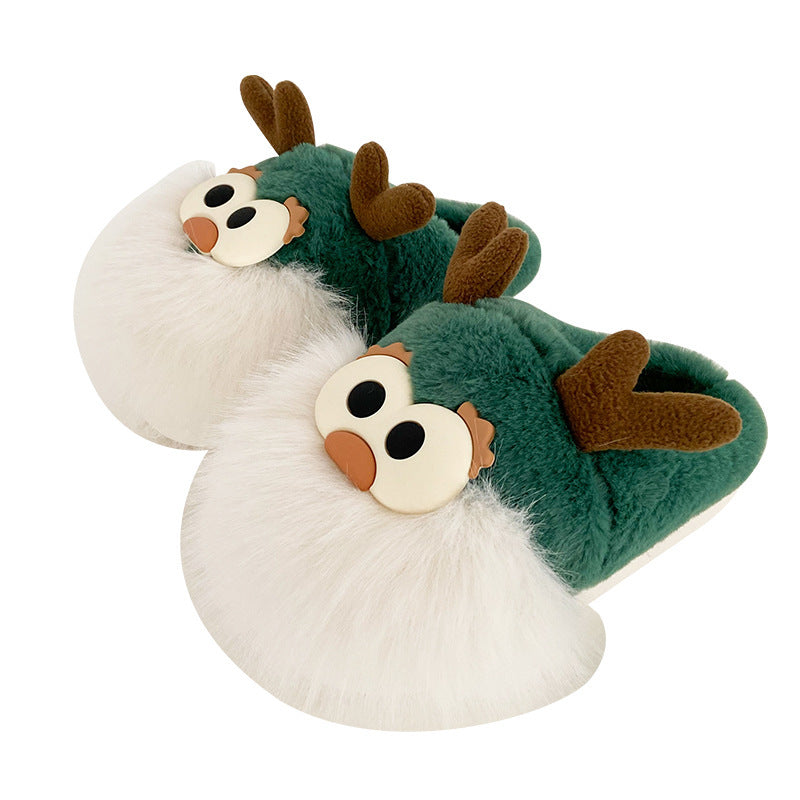 Chaussons renne de Noel fourrés en peluche verte adorable