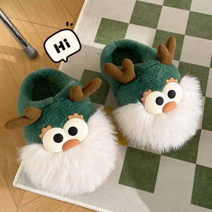 Chaussons renne de Noel fourrés en peluche verte adorable