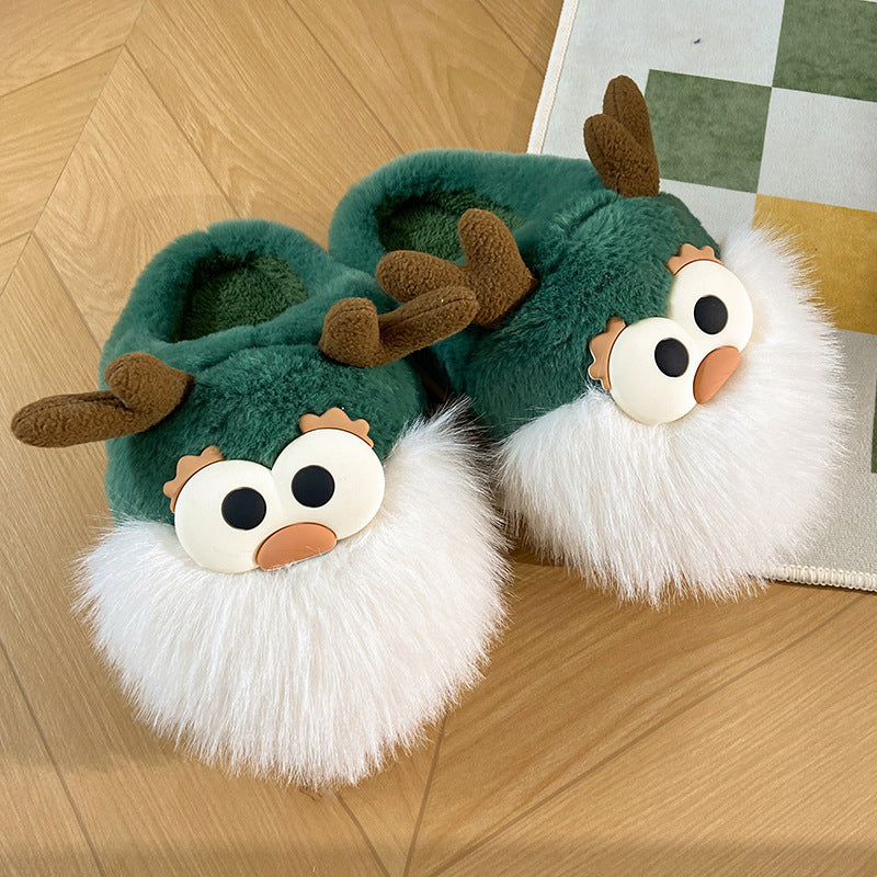 Chaussons renne de Noel fourrés en peluche verte adorable