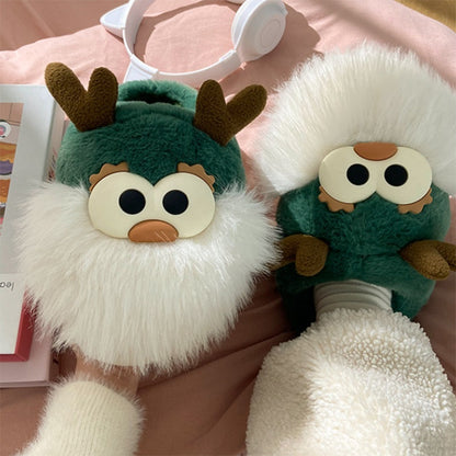 Chaussons renne de Noel fourrés en peluche verte adorable