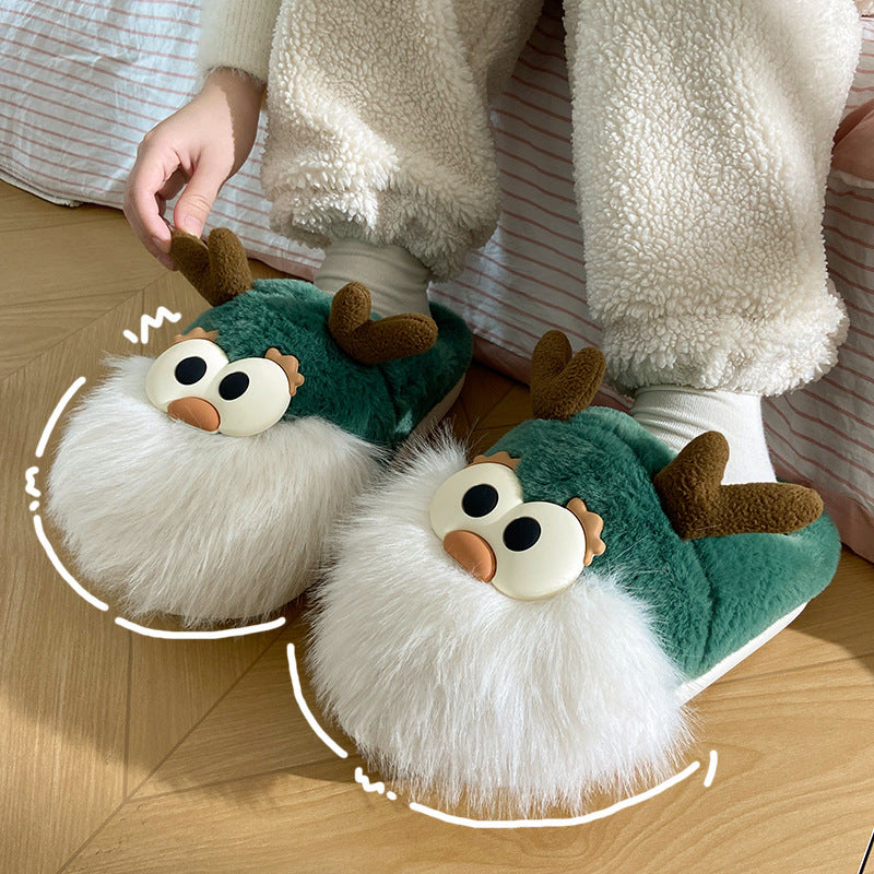 Chaussons renne de Noel fourrés en peluche verte adorable