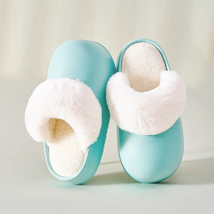 Chaussons d'hiver Doudounea pour enfant en cuir turquoise avec doublure en fourrure blanche douce, pantoufles confortables pour la maison