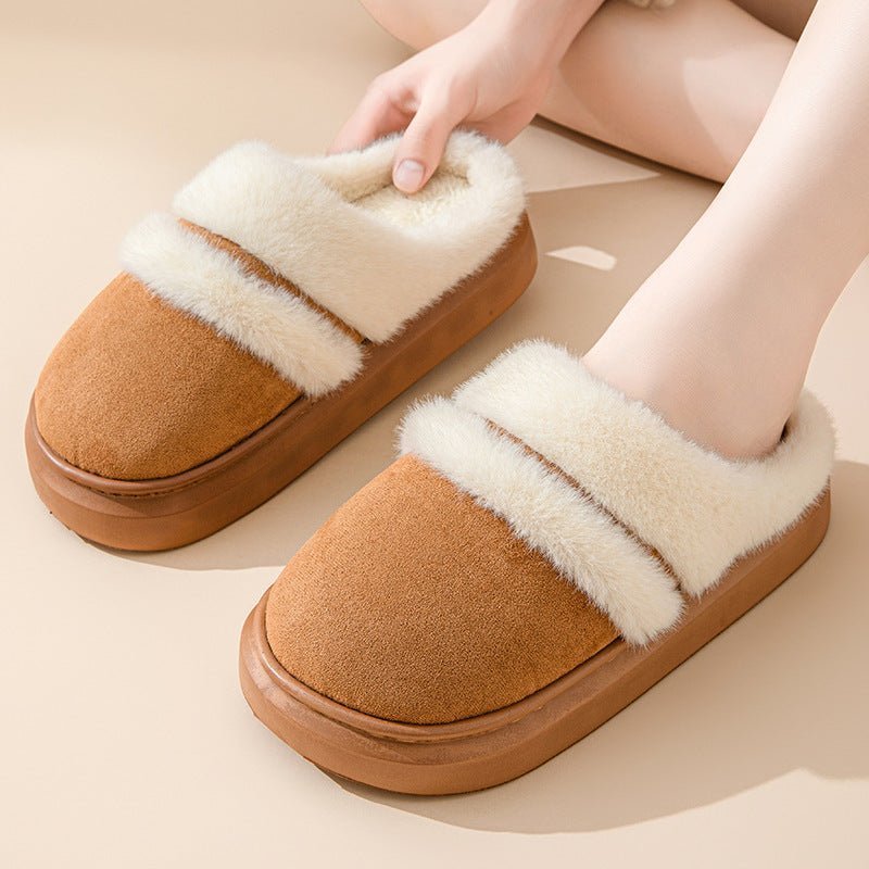 Chaussons fourrés Doudounea en daim camel avec bordure en fausse fourrure blanche, semelle plateforme confortable, parfaits pour l'hiver