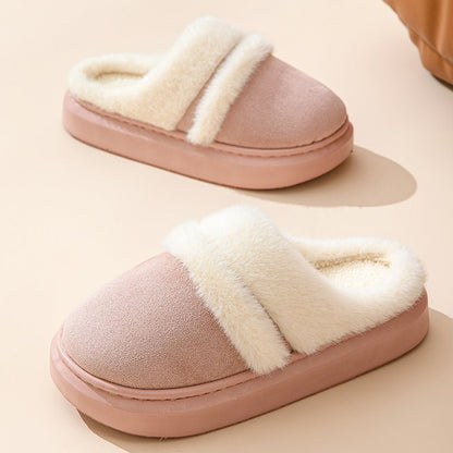 Chaussons mules roses Doudounea doublés en fourrure blanche, semelle plateforme confortable, parfaits pour la maison en hiver