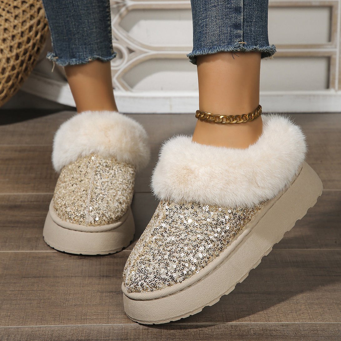 Chaussons d'hiver Doudounea avec paillettes dorées et bordure en fourrure blanche, style élégant et confortable pour femme, parfait pour la maison