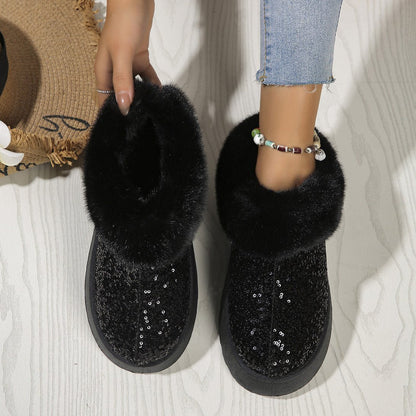 Chaussons d'hiver Doudounea pour femme en paillettes noires avec bordure en fausse fourrure, style élégant et confortable pour la maison