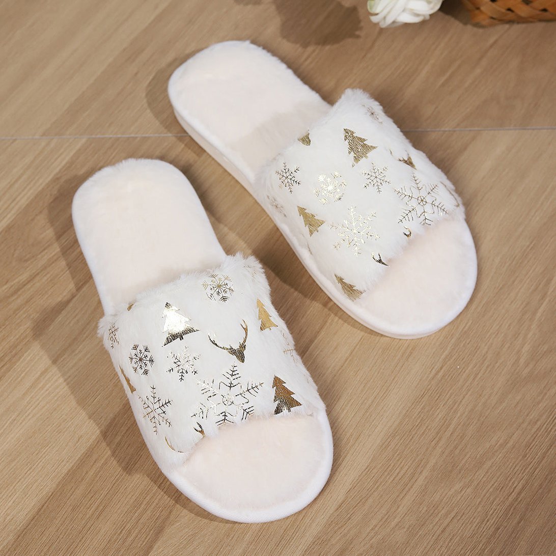 Chaussons d'hiver blancs Doudounea avec motifs dorés de Noël, flocons de neige et sapins, pantoufles confortables pour la maison