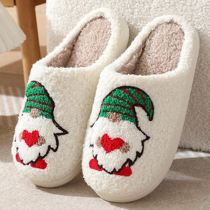 Chaussons de Noël Doudounea blancs douillets avec motif lutin et cœur rouge, pantoufles d'intérieur chaudes et confortables pour l'hiver