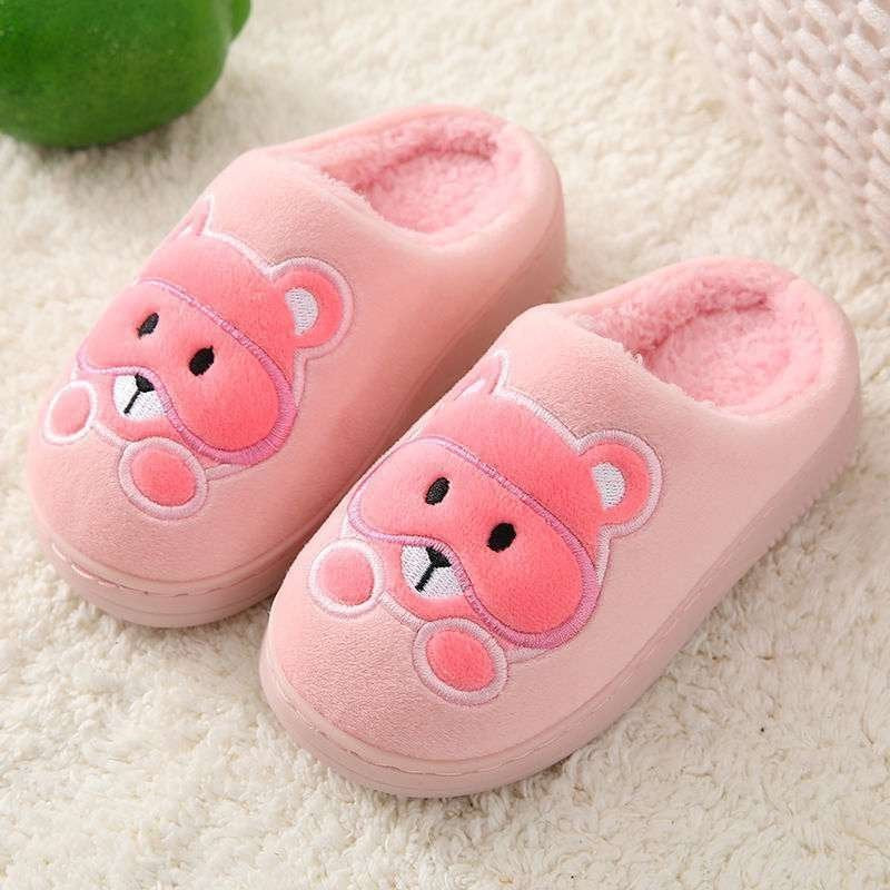 Chaussons d'hiver Doudounea motif ourson rose adorable, pantoufles douillettes avec doublure chaude, design mignon pour femme, confort maximal