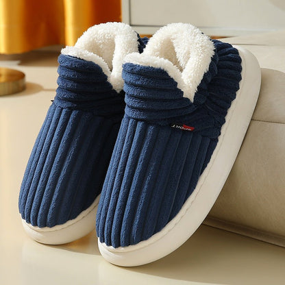 Chaussons d'hiver Doudounea en velours côtelé bleu marine avec doublure fourrée blanche, semelle antidérapante confortable pour maison