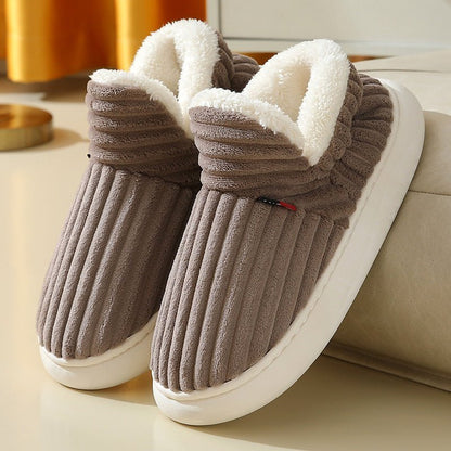 Chaussons d'intérieur Doudounea en velours côtelé gris avec doublure chaude blanche et semelle antidérapante, pantoufles confortables pour l'hiver