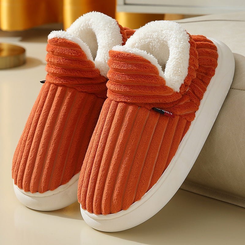 Chaussons d'hiver Doudounea en velours côtelé orange avec doublure fourrée blanche, semelle antidérapante pour un confort optimal à la maison