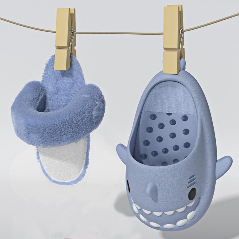 Chaussons d'hiver Doudounea pour enfants, modèle requin bleu et pantoufle fourrée bleue, confort douillet pour la maison, design amusant