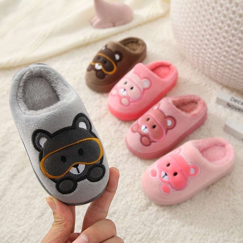 Chaussons d'hiver Doudounea pour enfants avec motifs animaux kawaii, modèles gris et roses avec ours, doublure chaude et confortable pour la maison