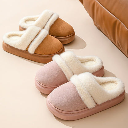 Chaussons d'hiver doublés en fourrure Doudounea, modèle confort en suède rose et camel, intérieur moelleux pour un confort optimal à la maison