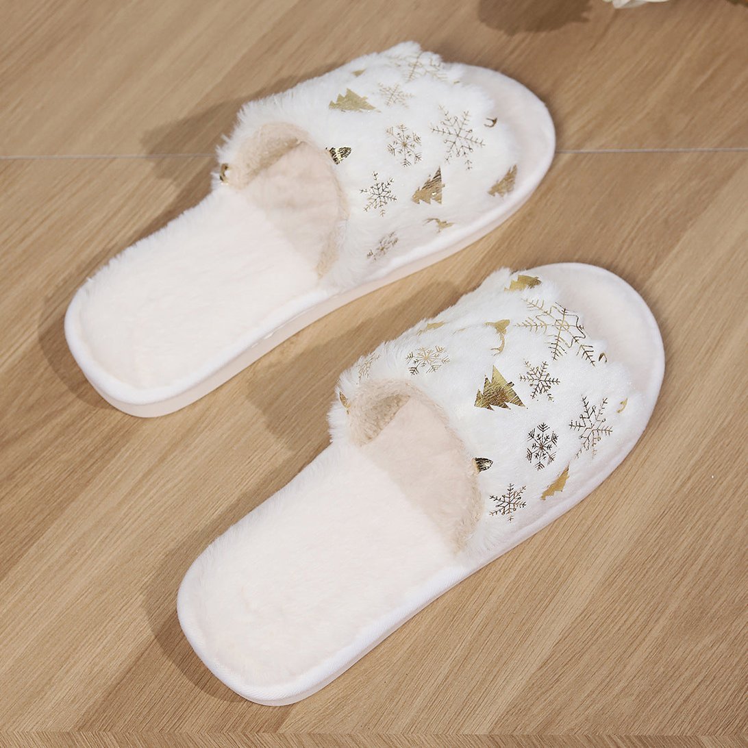 Chaussons d'hiver Doudounea blancs doublés en fourrure avec motifs flocons de neige et sapins dorés, pantoufles confortables pour la maison