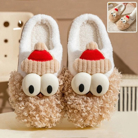 Chaussons d'hiver douillets Doudounea, design amusant avec grands yeux et bonnet rouge, parfaits pour le confort intérieur pendant les fêtes