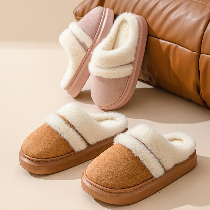 Chaussons mules doublés fourrure Doudounea en daim rose et camel, pantoufles d'intérieur confortables avec doublure chaude pour l'hiver