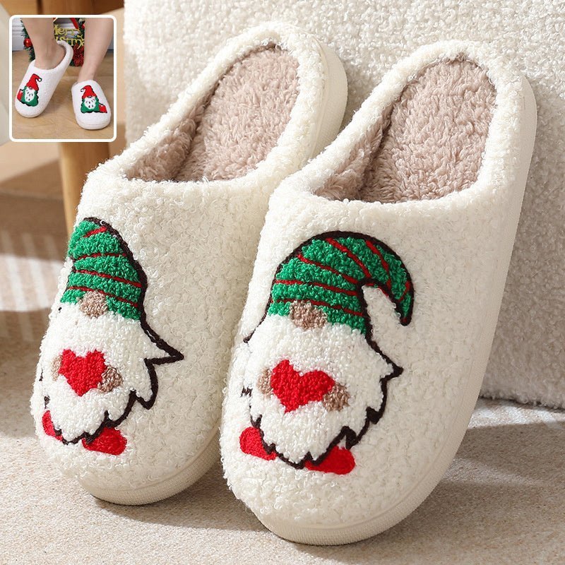 Chaussons de Noël Doudounea blancs douillets avec motif lutin et cœur rouge, pantoufles d'intérieur confortables et chaudes pour l'hiver