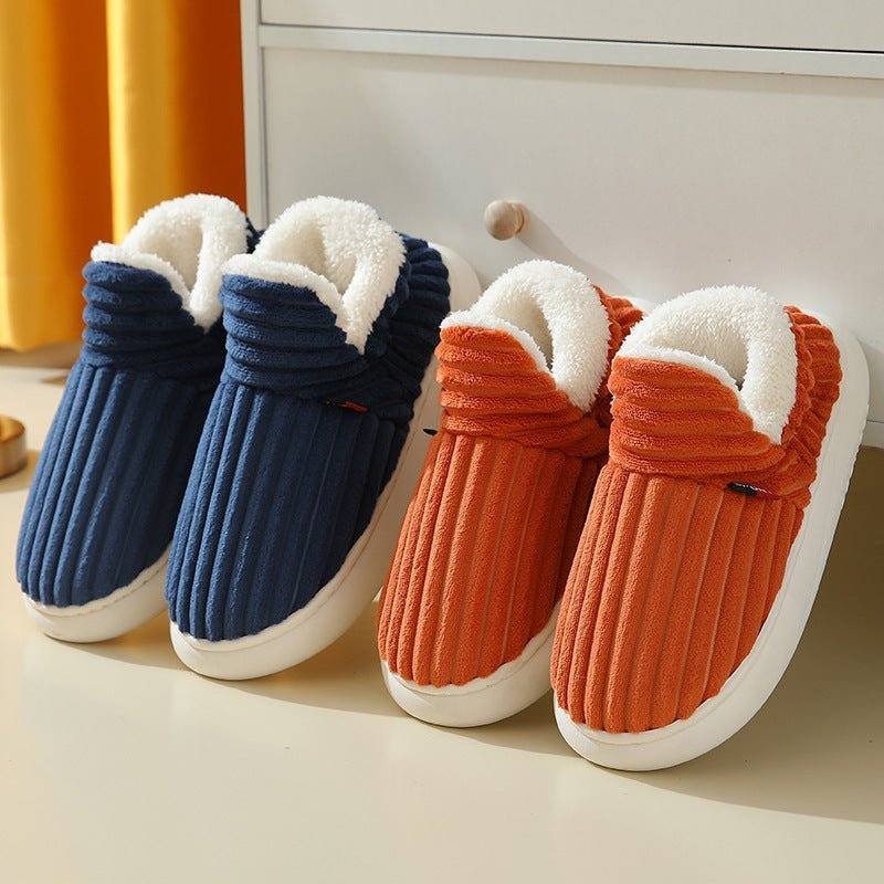 Chaussons confortables Doudounea en velours côtelé, doublure chaude douillette, disponibles en bleu marine et orange, parfaits pour l'hiver