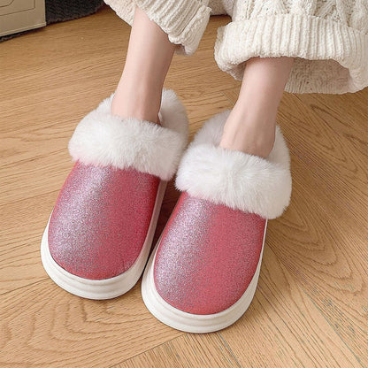 Chaussons d'hiver Doudounea pour femme en paillettes roses avec bordure en fourrure blanche, semelle confortable et style élégant pour la maison