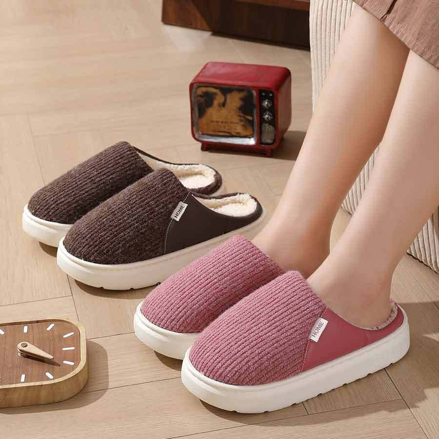 Pantoufles Doudounea en velours côtelé rose et marron avec semelle plateforme blanche, chaussons d'intérieur douillets et confortables pour femme