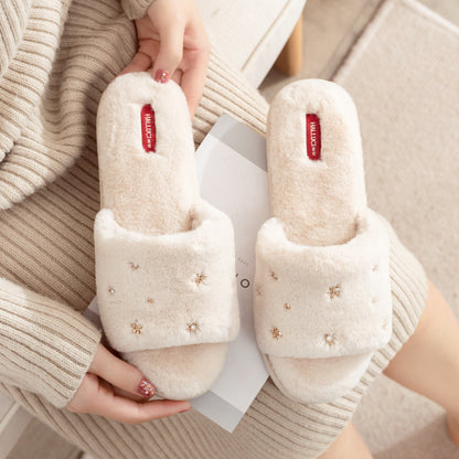 Chaussons mules fourrés blancs broderie étoilée élégante