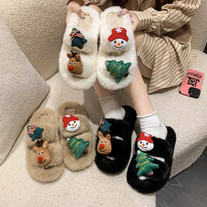 Chaussons fourrés de Noël décoratifs ornements festifs confortable